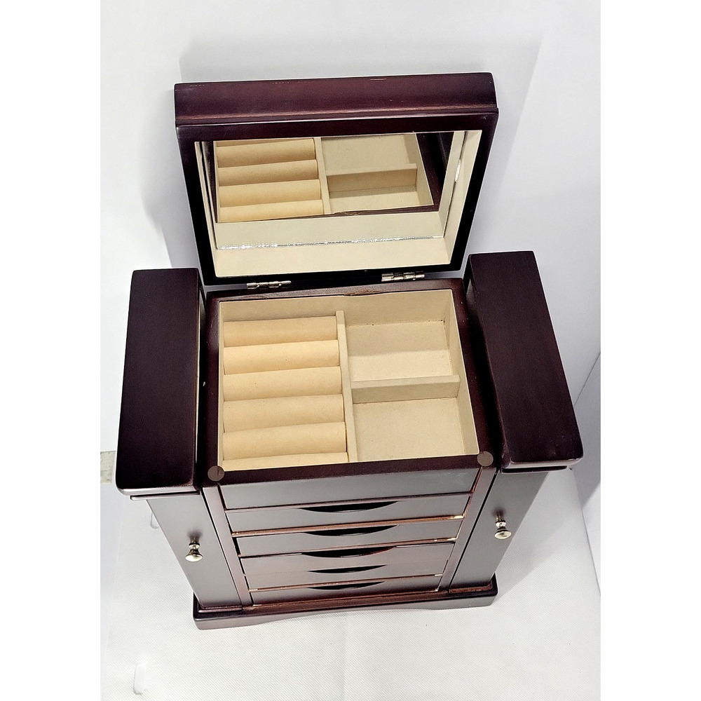 Large Wood Jewelry Box Armoire Mirror 5 Drawers Side Doors Necklace Storage - Picture 7 of 8